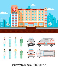 Set stock vector illustration isolated ambulance top, front, side, back view, city street with polyclinic, cartoon nursing staff, doctors flat style white background element infographic, website, icon