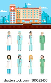 Set stock vector illustration isolated city street with polyclinic, cartoon nursing staff, doctors flat style white background element infographic, website, icon