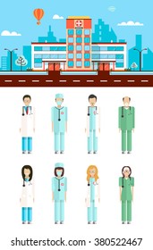 Set stock vector illustration isolated city street with hospital, cartoon nursing staff, doctor in flat style white background element infographic, website, icon
