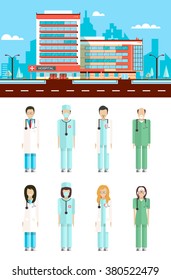 Set stock vector illustration isolated city street with clinic, cartoon nursing staff, doctors in flat style white background element infographic, website, icon