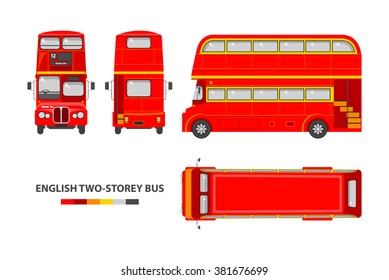 Set stock vector illustration isolated English red double-decker bus top, front, side, back view flat style white background Element infographic, website, icon