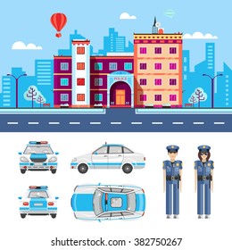Set stock vector illustration isolated city street with police station, car top, side, rear, front view, cartoon policeman, policing, investigator flat style element infographics, website, icon