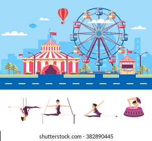 Set stock vector illustration isolated city street with amusement park, tent, ferris wheel, cartoon air gymnast, acrobat, circus performer in flat style element infographic, website, icon