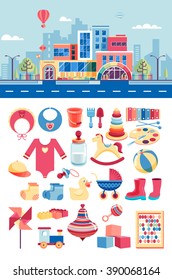 Set stock vector illustration isolated city street with kindergarten building, child development centers, educational toys, clothing, baby items in flat style element infographic, website, icon