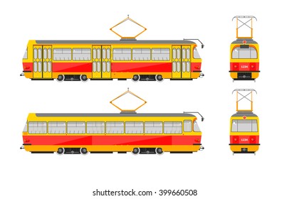 Set stock vector illustration isolated yellow tram front, side, back view flat style white background Element for site, infographic, video, animation, website, e-mail, newsletter, reports, comic, icon