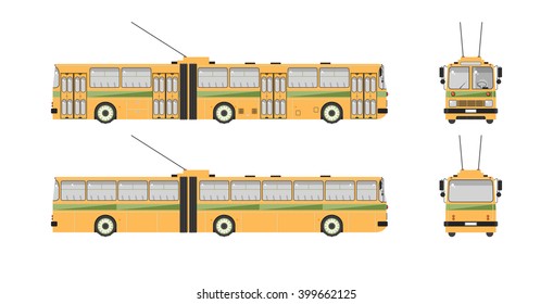 Set stock vector illustration isolated trolleybus front, side, back view flat style white background Element for site, infographic, video, animation, website, e-mail, newsletter, reports, comic, icon