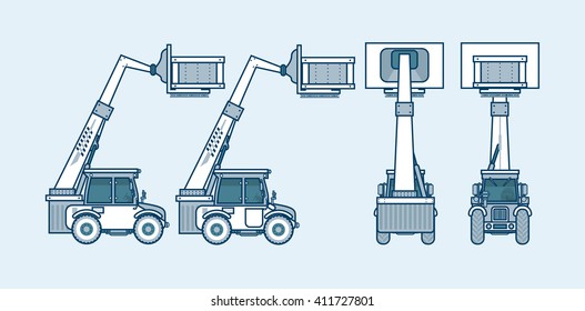 Set stock vector illustration isolated loader front, side, back view in line style blue background Element for site, info graphics, video, animation, websites, e-mails, newsletters, reports, comic
