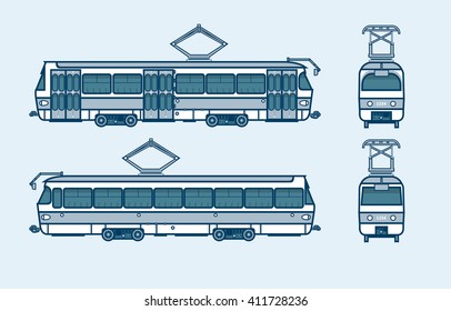 Set stock vector illustration isolated dark blue tram front, side, back view line style background Element for site, info graphic, video, animation, website, mail newsletter, reports, comic, icon