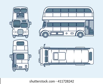 Set stock vector illustration isolated English red double-decker bus top, front, side, back view line style blue background Element info graphic, website, icon