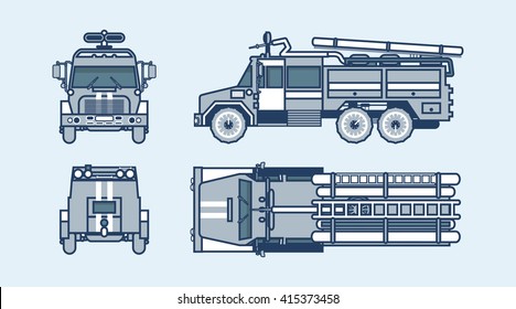 Set stock vector illustration isolated red fire engine top, front, side, back view line style blue background Element info graphic, website, icon