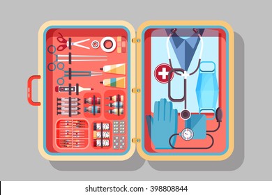 Set Stock vector illustration of medical supplies, drugs, pills, tools, clothing in suitcase in flat style element for infographic, website, icon, games, motion design, video