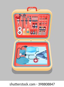 Set Stock vector illustration of medical supplies, drugs, pills, tools, clothing in suitcase in isometry flat style element for infographic, website, icon, games, motion design, video