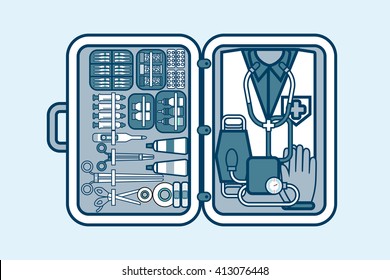 Set Stock vector illustration of medical supplies, drugs, pills, tools, clothing in suitcase in line style element for info graphic, website, icon, games, motion design, video