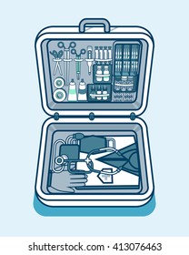 Set Stock vector illustration of medical supplies, drugs, pills, tools, clothing in suitcase in isometry line style element for info graphic, website, icon, games, motion design, video