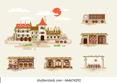 Set Stock Vector Illustration for wine business, facade and interior of winery with vineyards, shop, cellar, transportation delivery of whiskey and alcoholic beverage in flat style