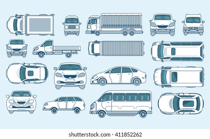 Set Stock Vector Illustration Yellow Car Hatchback, Delivery, Light Truck With Trailer, Minibus, Sedan Top, Front, Side View Line Style Gray Background Element Info Graphic, Website, Icon