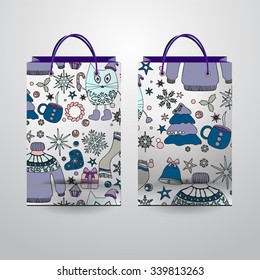 set of stock vector isolated paper shopping bag with  pattern on the grey background