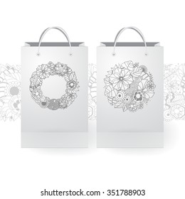 set of stock vector isolated paper shopping bag on the white background with floral ornament