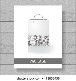 set of stock vector isolated paper shopping bag on the wood background. christmas border