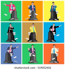Set Stock vector of public speaking. The speaker, lecturer, coach, teacher, leader, manager. Presentation, training, policy debates, seminars, conferences, rhetoric, oratory. Illustration. Image.