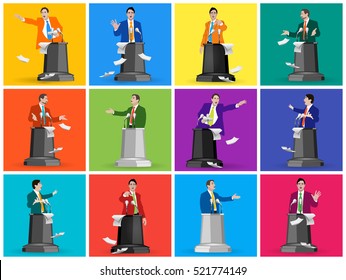 Set Stock vector of public speaking. The speaker, lecturer, coach, teacher, leader, manager. Presentation, training, policy debates, seminars, conferences, rhetoric, oratory. Illustration. Image.