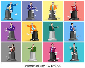 Set Stock vector of public speaking. The speaker, lecturer, coach, teacher, leader, manager. Presentation, training, policy debates, seminars, conferences, rhetoric, oratory. Illustration. Image.