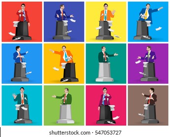 Set Stock Vector Of Public Speaking. The Speaker, Lecturer, Coach, Teacher, Leader, Manager. Presentation, Training, Policy Debates, Seminars, Conferences, Rhetoric, Oratory. Illustration. Image.