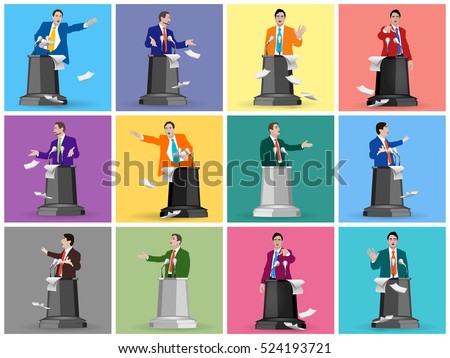 Set Stock vector of public speaking. The speaker, lecturer, coach, teacher, leader, manager. Presentation, training, policy debates, seminars, conferences, rhetoric, oratory. Illustration. Image.