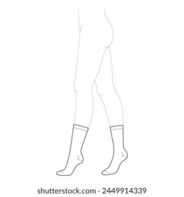 Set of stocking hosiery crew calf length hose. Fashion accessory clothing technical illustration. Vector side view for Men, women, unisex style, flat template mockup sketch outline on white background