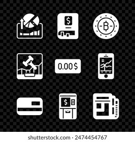 Set Stocks market growth graphs, Financial book, Bitcoin, Credit card, ATM and money, news, Online internet auction and Zero cost icon. Vector