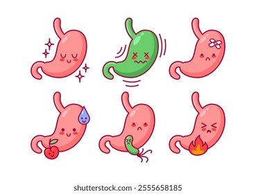 A set of stomach characters made in kawaii style, a diseased organ of the digestive system. Nausea, heartburn. Bariatrics, gastritis and ulcers. Ideal for stickers, books and medical brochures.