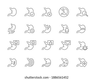 Set of stomach line icon. Internal organ, gastrointestinal tract illness, healthy diagnosis, treatment and more.