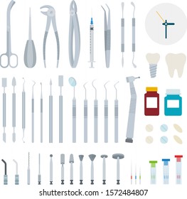 Set of Stomatology and Dental tools flat vector illustration on white.