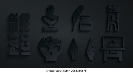 Set Stone age arrow head, Castle tower, Broken human skull, Glass showcase for exhibit, Feather and inkwell and Ancient bust sculpture icon. Vector