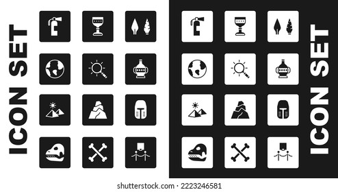 Set Stone age arrow head, Magnifying glass, Earth globe, Fire extinguisher, Ancient amphorae, Medieval goblet, iron helmet and Egypt pyramids icon. Vector