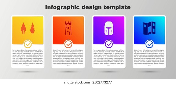 Conjunto Cabeza de flecha de la edad de piedra, torre del castillo, casco de hierro medieval y folleto de guía del museo. Plantilla de infografía de negocios. Vector