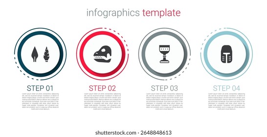 Set Stone age arrow head, Dinosaur skull, Medieval goblet and iron helmet. Business infographic template. Vector