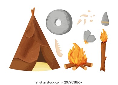 Set stone age campfire, torch and sharpen stones for fire, leather primitive hut, stone wheel isolated on white background stock vector illustration. Collection of ancient, antique tools of caveman.