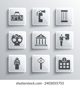 Set Stone age hammer, Information, Museum guide, building, Gives lecture, Broken human skull, Hanging sign with Open and Ancient column icon. Vector