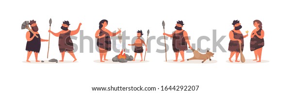 Set of stone age people on isolated background.\
Primitive people hold ancient hunting tools, fry food at the stake,\
get food, declare their love. Vector illustration in flat cartoon\
style.
