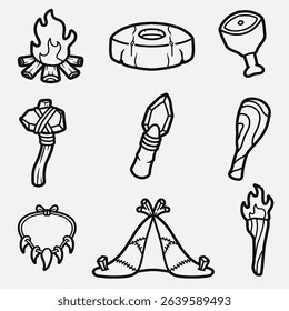 set of stone age primitive with outline style good for icon, symbol, element design, cloring book, coloring page, etc