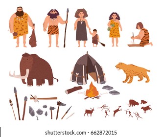 Set of Stone Age theme. Primitive people, children, mammoth, dwelling, hunting and labor tools, saber-toothed tiger, fire, rock carvings. Colorful vector collection in cartoon style. Set of Stone Age theme. Primitive people, children, mammoth, dwelling, hunting and labor tools, saber-toothed tiger, fire, rock carvings. Colorful vector collection in cartoon style.