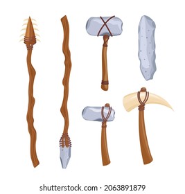 Set Stone Age Tools, Archaeology Ancient Primal Weapons with Wooden Handles and Leather Strapping Isolated on White Background. Primitive Prehistoric Axe, Dagger or Spear. Cartoon Vector Illustration