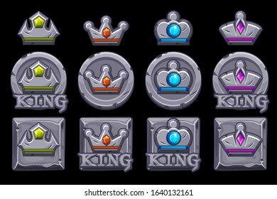 Set of stone app icons with crowns and logo. Icons of different shapes with inscriptions.