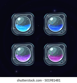 Conjunto de bloques de piedra con colores de bolas de cristal para el juego. Estrellas brillantes rosas, azules, naranjas y violetas. Bloques de piedra para el juego. Arte de videojuegos.Elementos de juego para juego 3 o puzzle.