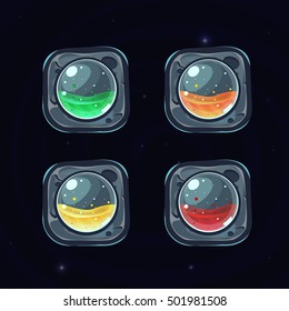 Set of Stone Blocks with colors glassy balls for game. Pink, blue,orange and purple glossy stars. Stone blocks for game. Vector game art.Game elements for match 3 or puzzle game.