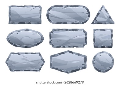 Set of stone board with sharp jagged edges and rough surface, giving it a fractured look. Stone banner element for game and web. Ui or gui design element. Vector cartoon illustration