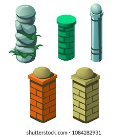 Set of stone, brick and metal columns isolated on a white background. Vector cartoon close-up illustration.
