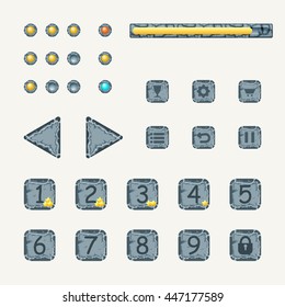 Set stone buttons, progress bars, bars objects, icons and other elements for web design and user interface of computer or mobile games.
