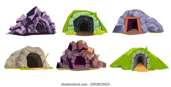 Set of stone cave entrance. Landscape elements with natural tunnels and mines in rocks and mountains. Dark grotto, hole in cliffs. Cartoon vector illustration collection isolated on white background